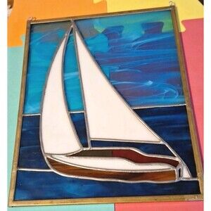 Vtg Sailboat Stained Glass Leaded Suncatcher Window Panel Art Nautical 10.5x8.5"